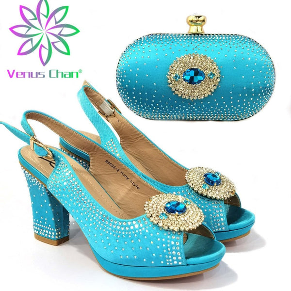 2021 Nice Gold Design Italian Slipper Shoes With Bag Set Latest Rhinestone African Women High Heels Shoes and Bags for Party