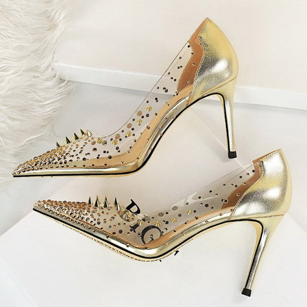 2021 Summer Women Transparent Studded 8.5cm High Heels Pumps Designer Crystal Rivets Valentine Heels Lady Wedding Bridal Shoes