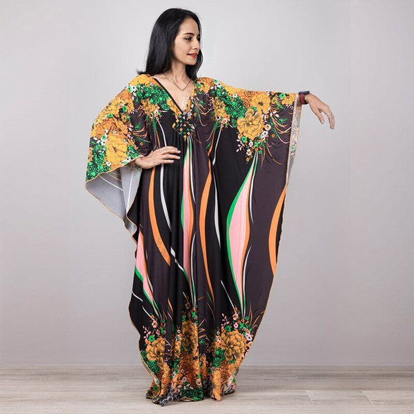 Wild Cornucopia Of Colors Exotic Print Maxi Dress Batwing Sleeve Tunic Spring / Autumn Beach Dress Casual Plus Size Women's Beachwear Kaftan Cover-Ups