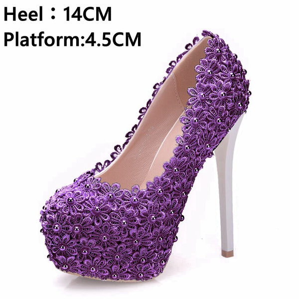 Crystal Queen White Lace Wedding Shoes Bride 14cm High Heels Platform Sweet Party Dress Woman Beading Pumps