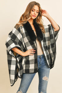 Come Plaid With Me 100% Polyester Fur Collar Poncho Kimono Cardigan By Riah Fashion