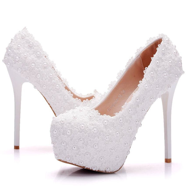 Crystal Queen White Lace Wedding Shoes Bride 14cm High Heels Platform Sweet Party Dress Woman Beading Pumps