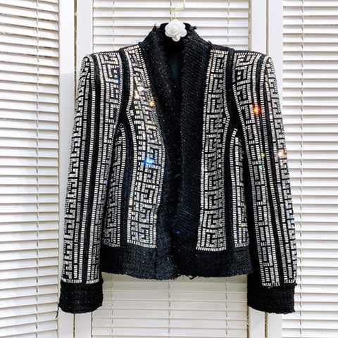 HIGH STREET Newest 2022 Designer Stylish Women's Peak Shoulder Monogram Rhinestone Diamonds Beaded Wool Blends Tweed Jacket