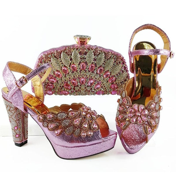2021 African Hot Selling Italian Design Newest Ladies Shoes and Bag Set Decorated With Rhinestone in Pink Color for Party