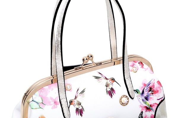 Brangio Authentic Name Brand Italian Design "Hummingbird Bloom" Jeweled Accent Mini Clutch Scratch & Stain Resistant Evening Bag