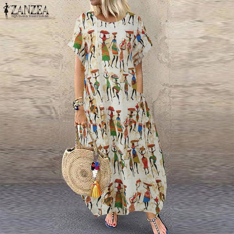 ZANZEA Women's Summer Sundress Stylish Cartoon Print Maxi Dress Casual Short Sleeve Tunic Vestidos Female O Neck Robe Oversize