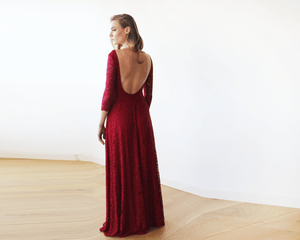 Blush Fashion Floral Lace Backless Maxi Bordeaux Tulle & Lace Floor Length Maxi Wedding Gown