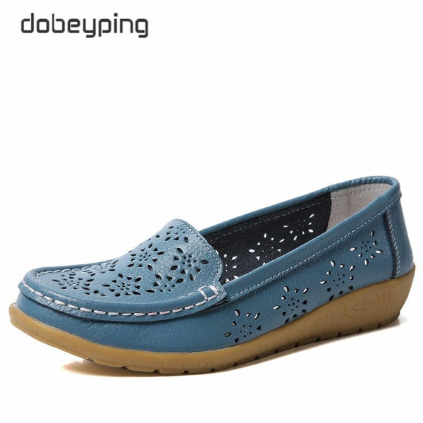 Fretwork Genuine Leather Women Shoes Cut-Outs Woman Loafers Hollow Women's Beach Flats Breathable Female Summer Shoe Dobeyping