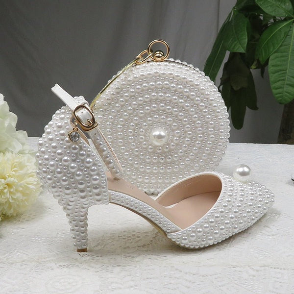 BaoYaFang White Pearl Women's Wedding Shoes and Bags Bride High Heels Shoes Ladies Party Dress Shoes Women's Sweet Fashion Pumps