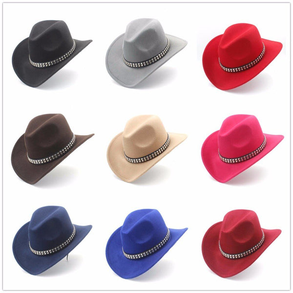 Women Men Wool Hollow Western Cowboy Hat With Wide Brim Felt Cowgirl Jazz Godfather Sombrero Cap Size 56-58cm Punk Belt A35