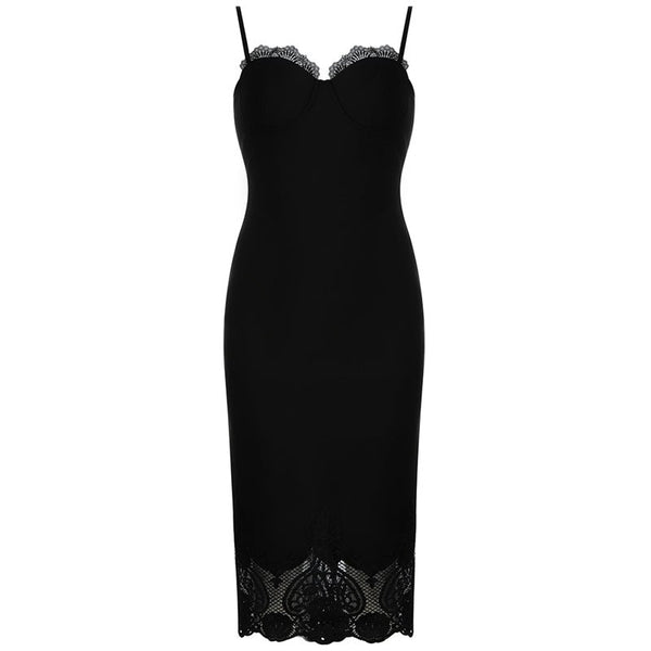 C2182 Factory Wholesale Low Price Spaghetti Strap Bandage Dress Black Lace Solid Color Fashion Ladies Bandage Dress Wi