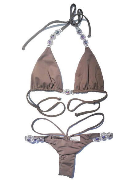 Regina’s Desire European Swimwear Swarovski Crystal Be-spangled Tango Bikini Top & Bottom (Brown)