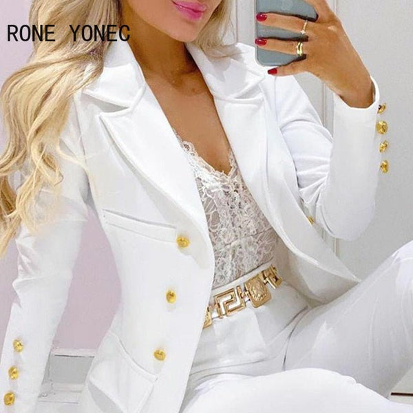 Women's Solid Color Polyester Blend Elegant Button & Pocket Detail Notched Collar Skinny Pants White Blazer Set By Rone  Yonec