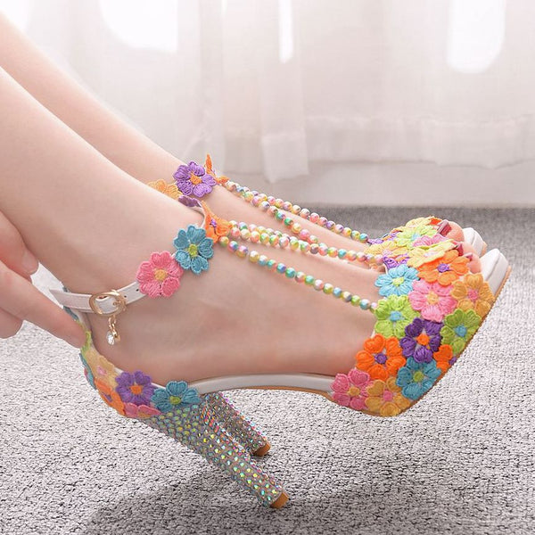 Elegant Women Sandals Thin High Heel Crystal Rainbow Colors Flower Wedding Party Lady Ankle Strap Summer Shoes Womens Zapatos