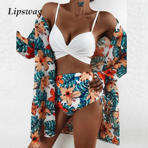 2021 Summer Sexy Floral Print Bikini Swimsuit Women's 3 Piece High-Waist Bikini Set Swimwear Female Brazilian Push-Up Bathing Suit By Lipswag