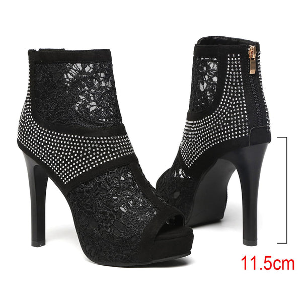 Peep Toe Rhinestone High Heels Ladies Wedding Shoes Sexy Black High Heels Party Shoes for Women Platform Heels