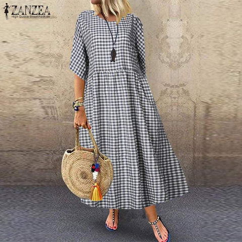 ZANZEA Bohemian Check Maxi Dress Women's Fashion Plus Sundress Casual Half Sleeve Tunic Vestidos Female Plaid Shirt Robe