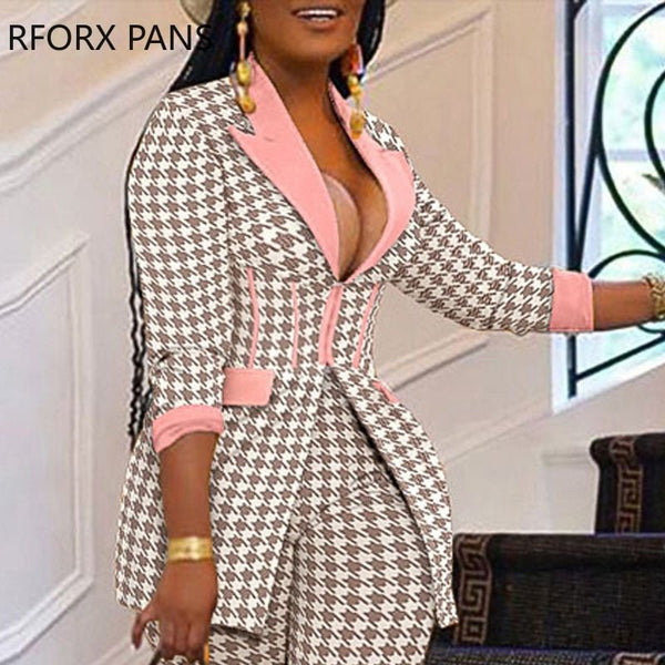 Women's Chic Elegant Hound's-Tooth 3/4 Sleeve Zip Front Detail Elastic Waistband Ankle-Length Springtime Office Ladies Two Piece Blazer Set By RFORX PANS