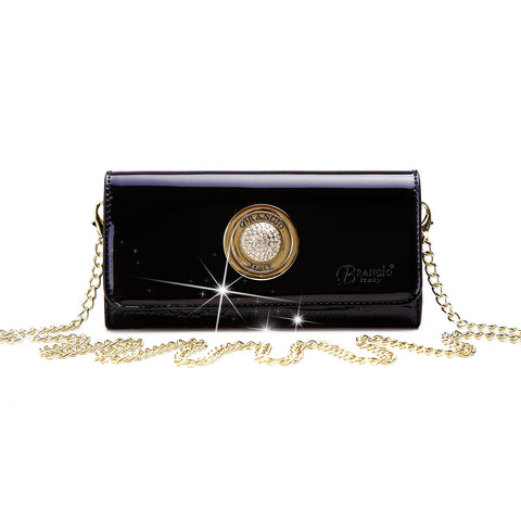 Brangio Authentic Name Brand Italian Design "Crystal Moon" Jeweled Accent Minimalist Fashion Combination Handbag Satin Finish Vegan Leather Clutch Wallets