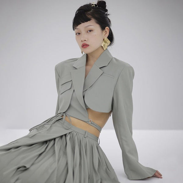 TWOTWINSTYLE Irregular Elegant New Wave Fashion Designer Midriff Blazer for Women Notched Long Sleeves Lace Up Bowknot Female Fashion Plus Blazers