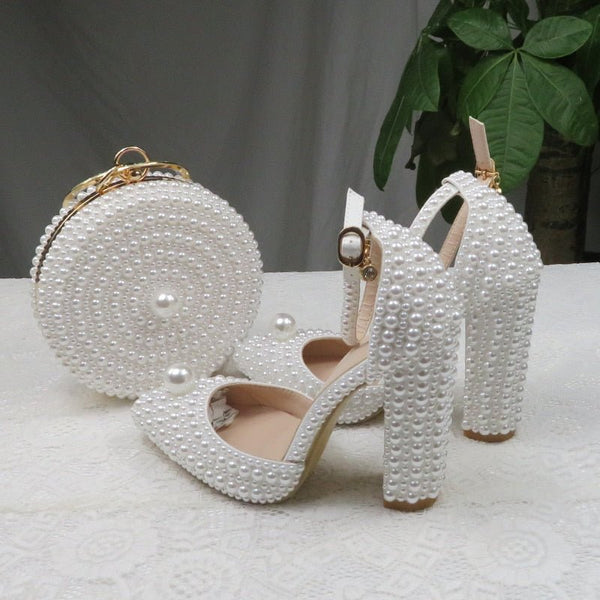 BaoYaFang White Pearl Women's Wedding Shoes and Bags Bride High Heels Shoes Ladies Party Dress Shoes Women's Sweet Fashion Pumps