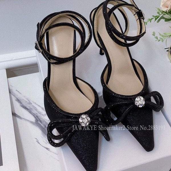 Sexy Sequins Crystal High Heels Women Sandals Pointy Toe Ankle Cross Tied Wedding Bride Shoes Rhinestone Shallow Runway Sandals