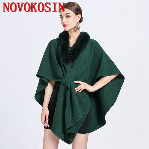 6 Colors Autumn Luxury Faux Fur Neck Poncho Women Criss-Cross Designer Batwing Sleeves Woolen Warm Shawl Loose Streetwear Coat
