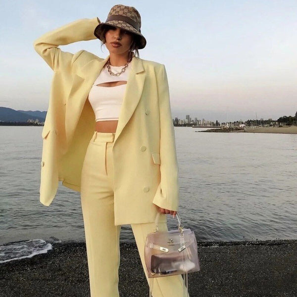 Hot Sell Blazer Suits Two Piece Sets Women's Solid Color Double Breasted Casual Office Pant Suit High Waisted Straight Leg Blazer Pant Suits