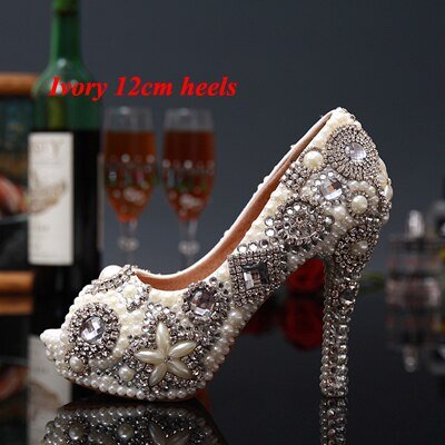 2020 Unique High Heeled Bridal Shoes Pearl Rhinestone Wedding Dress Shoes Peep Toe Waterproof Woman Party Prom Shoes