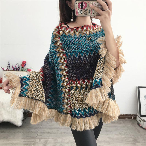 Knit Poncho Tassel Pullover Cloak New Red Bohemian Female Ponchos Capes