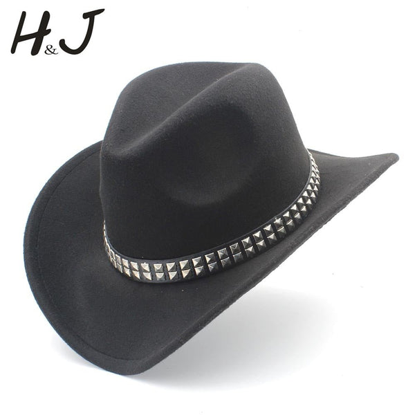 Women Men Wool Hollow Western Cowboy Hat With Wide Brim Felt Cowgirl Jazz Godfather Sombrero Cap Size 56-58cm Punk Belt A35