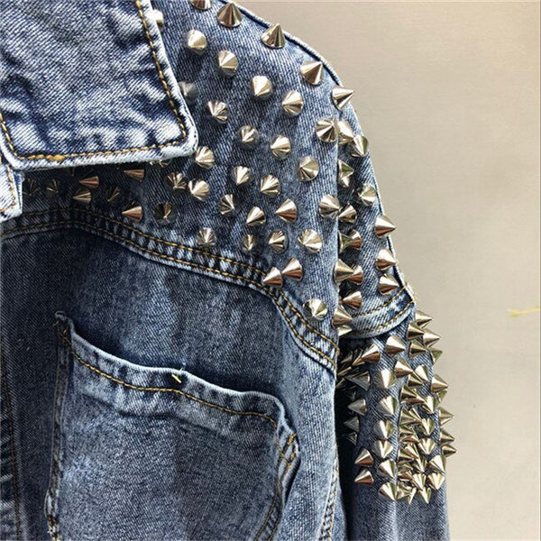 New For 2023 Designer Name Brand Distressing & Studs Women's Denim Jacket With Rivets Spring/Autumn Streetwear Long Sleeve Pockets Detail Short Hip Length Jean Jackets