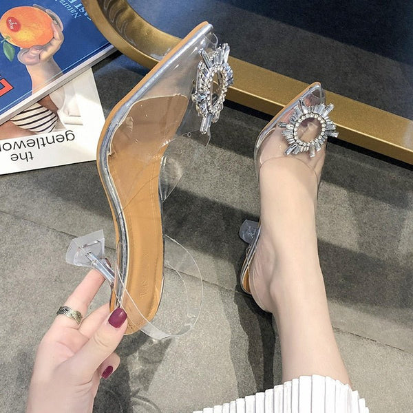 Women's Pumps Elegant Pointed Toe Rhinestones High Heels Wedding Shoes Crystal Clear Heeled Slingback Pumps Sandals Sexy Heels