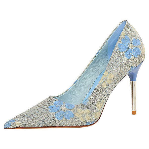 2021Spring/Autumn Women's Shoes Fashion Outdoors Sequined Cloth Appliques Basic Party Pointed Toe Print Wedding Thin Heels Pumps
