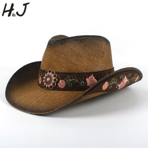 Fashion Women Straw Western Cowboy Hat  Summer Elegant Lady Cowgirl Sombrero Caps With HandWork Embroidery Hats Dropshipping