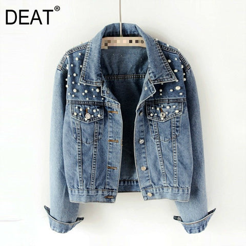DEAT 2022 Fast Delivery New Spring Fashion Women’s Denim Jacket Full Sleeve Loose Button Pearls Short Lapel Wild Leisure AP446