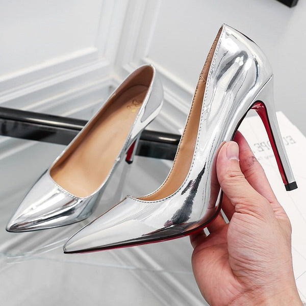 Spring Autumn New Pointed Toe High Heels Patent Leather Stiletto Pumps Silver Wedding Banquet Shoes Professional Women X0000