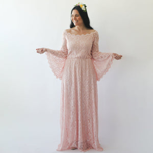 Blush Fashion Curvy  Off-The-Shoulder Long Bell Sleeve Scalloped Lace Detail Pink Maxi Gown #1201