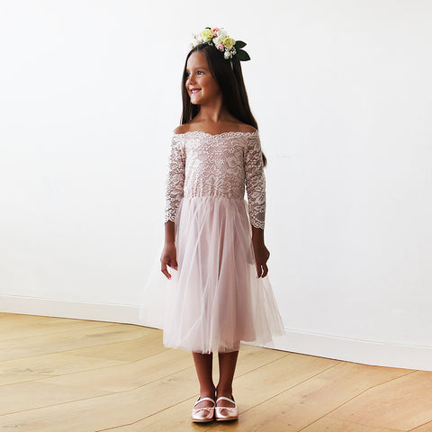 Blush Fashion Off-The-Shoulder Pink Lace and Tulle Midi Length Flower Girls Gown #5041
