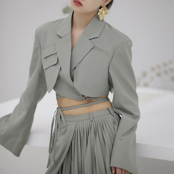 TWOTWINSTYLE Irregular Elegant New Wave Fashion Designer Midriff Blazer for Women Notched Long Sleeves Lace Up Bowknot Female Fashion Plus Blazers