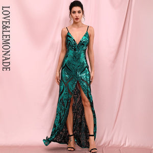 LOVE&LEMONADE Sexy Green Deep V-Neck Whit Split Open Back Bodycon Geometric Sequins Party Maxi Dress LM82469