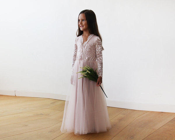 Blush Fashion Silk Tulle and Lace Long Sleeves Floor Length Pink Flower Girls Gown #5043