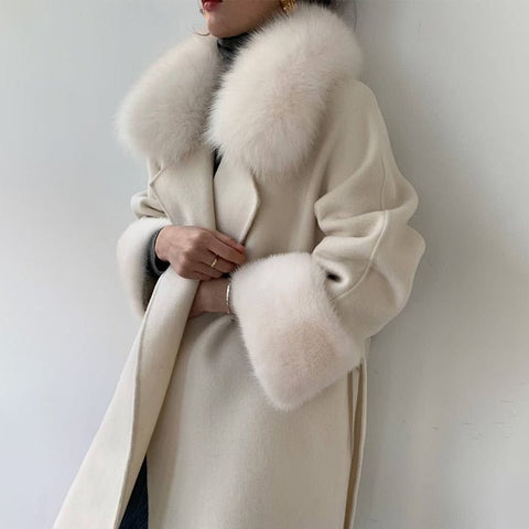 Women Fashion Cashmere Coats 100% Real Mink Fur Cuff Long Outerwear Wool Jackets Fox Fur Collar Lady Clothing SL3712