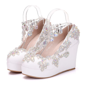 Crystal Queen Rhinestone Bride Wedding Shoes Woman Ankle Strap Shoes High Heels Wedges High Platform Shoes Pumps