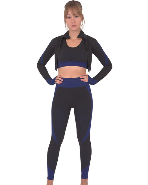 Trois Seamless Legging and Sports Bra Set - Pair With The  Seamless High Collared Cool Down Sports Workout Jacket By Savoy Active (Black/Navy)