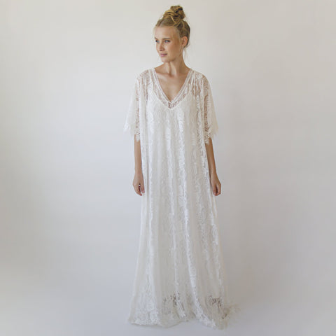 Blush Fashion Lace Ivory Bridal Kaftan Bat Wing Sleeves Lace Wedding Kimono Dress #1367