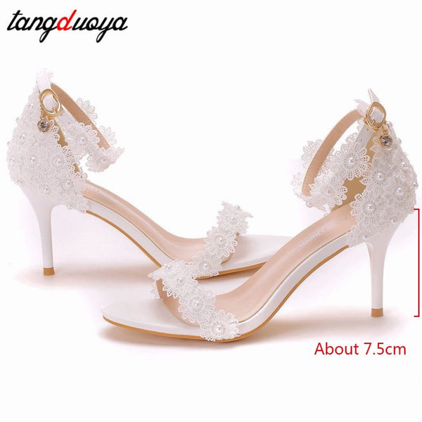 White Heels Lace Bride Shoes Wedding Shoes Sandals  Ankle Strap Pumps Women's Shoes 7.5CM Bridal Shoes Zapatos De Mujer 33-42