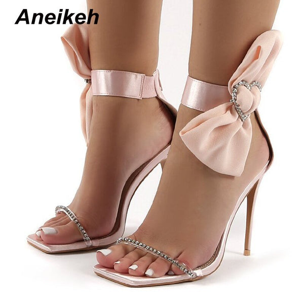 Aneikeh 2021 New Fashion Women's Shoes Thin Heels Open Wedding Butterfly-Knot PVC Ankle-Wrap Crystal Heart Novelty Patchwork Sweet Zapatos