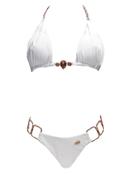 Regina’s Desire European Swimwear Swarovski Crystal Be-spangled Triangle Bikini Top & Bottom (White)