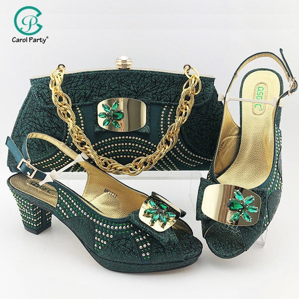 2020 Fashion Italian Design Green Color Shoes and Matching Bag With Rhinestone Red African Wedding Shoes and Bag Set for Party
